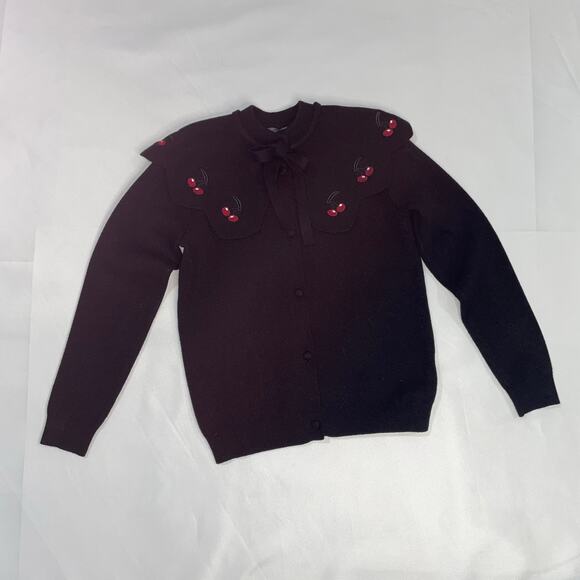 Fraze Black Cape Detailed Shoulder Sweater Cherries Tie Vintage Inspired Size 12 - Picture 14 of 16